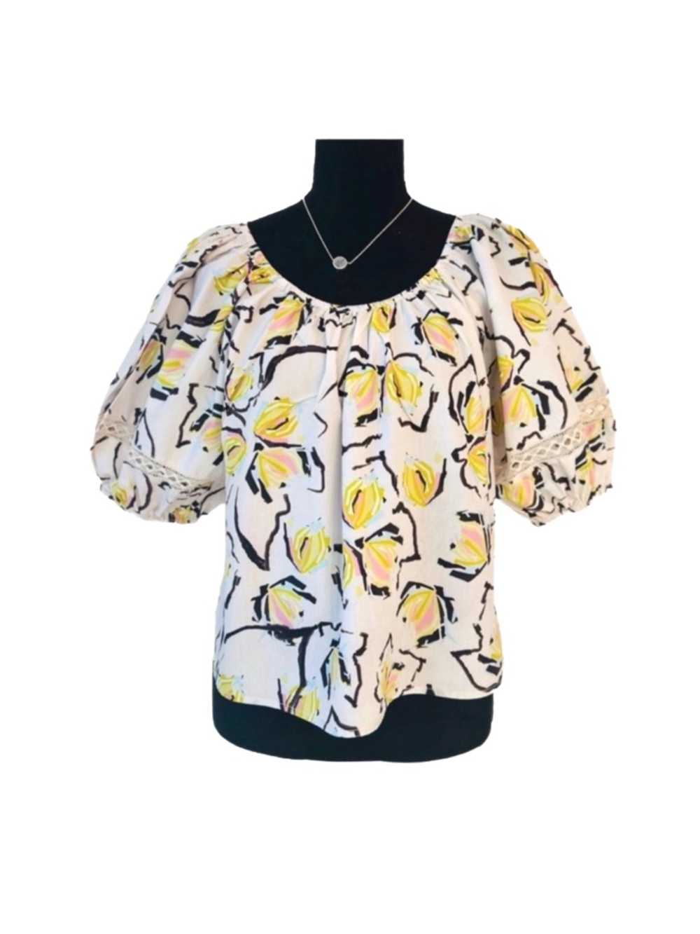 VELVET ~ Light Gray/Blue Puff Sleeve Blouse w/Yellow and Black Floral Design
